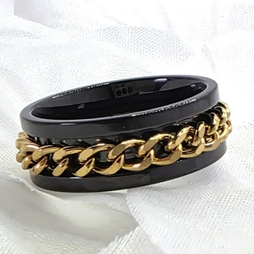 Men's SPINNER Titanium Gloss Black Ring - Gold Center
